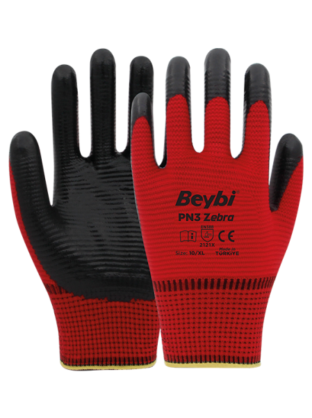 Beybi PN3 Zebra Polyester Örme Nitril Eldiven