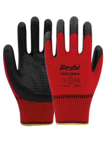 Beybi PN3 Zebra Polyester Örme Nitril Eldiven