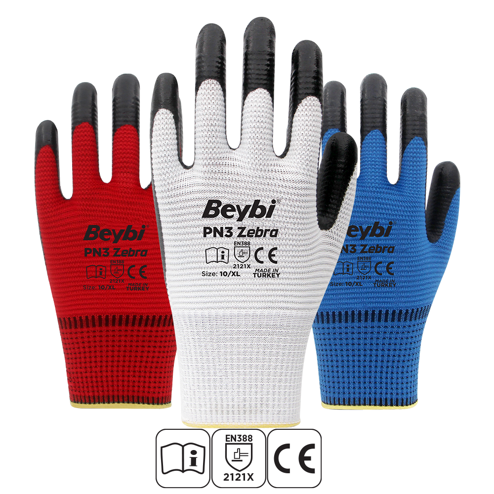 Beybi PN3 Zebra Polyester Örme Nitril Eldiven Çift - NO: 9 - Kırmızı\Siyah
