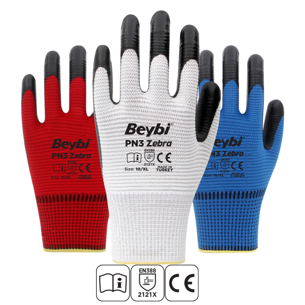 Beybi PN3 Zebra Polyester Örme Nitril Eldiven