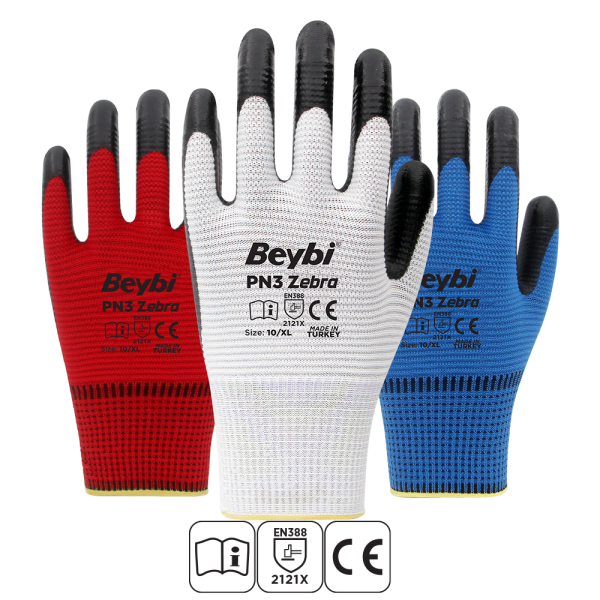 Beybi PN3 Zebra Polyester Örme Nitril Eldiven