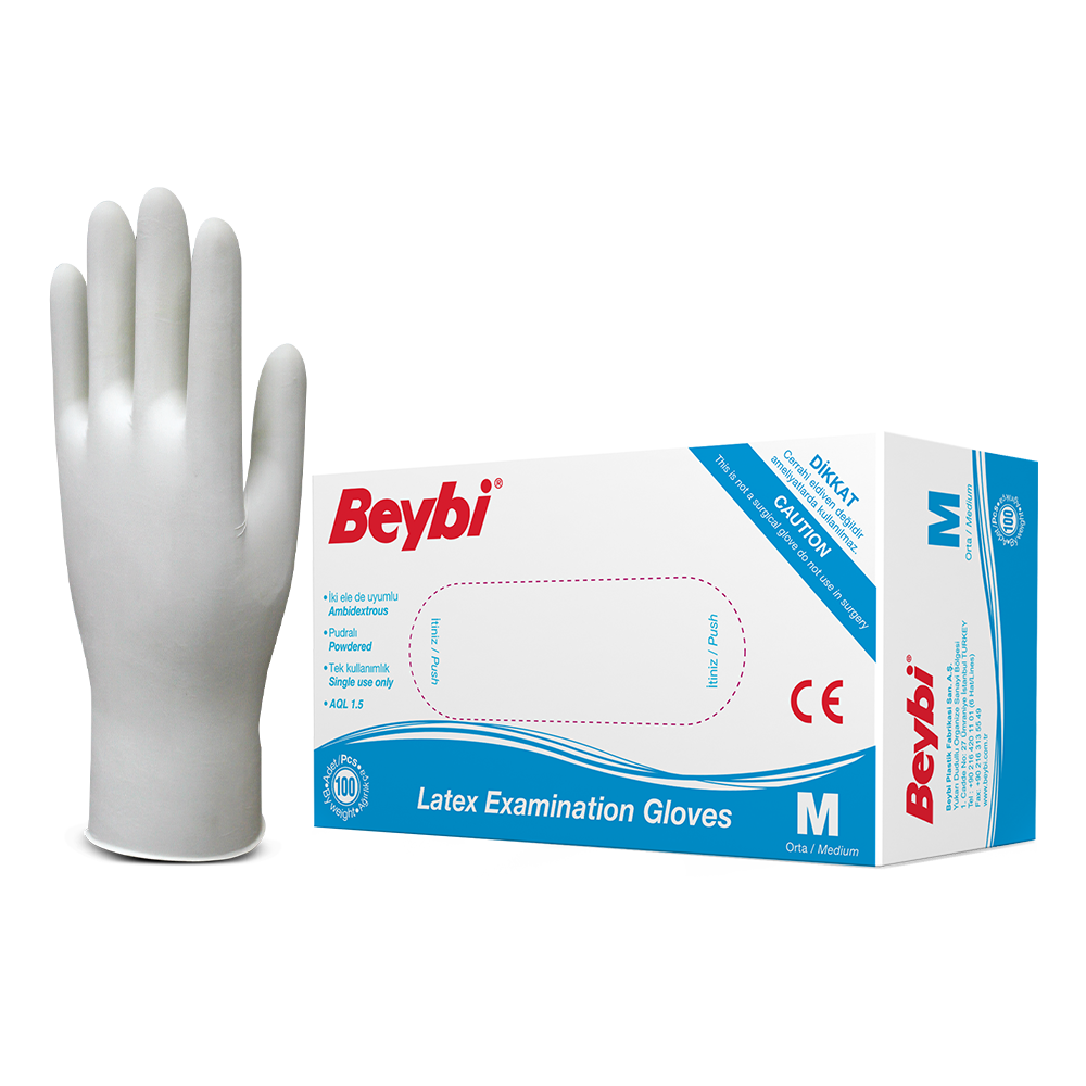 Beybi Pudralı Lateks Muayene Eldiveni - 100'lük Kutu