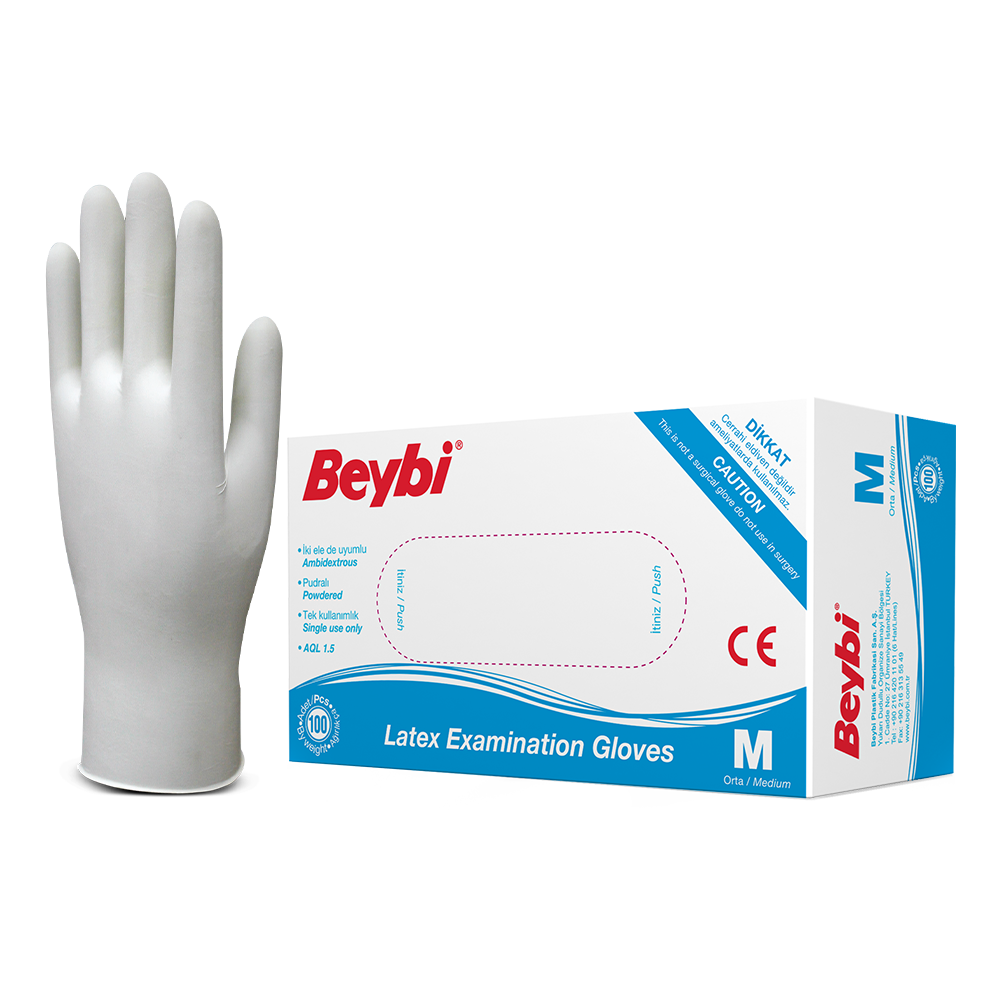 Beybi Pudralı Lateks Muayene Eldiveni - 100'lük Kutu