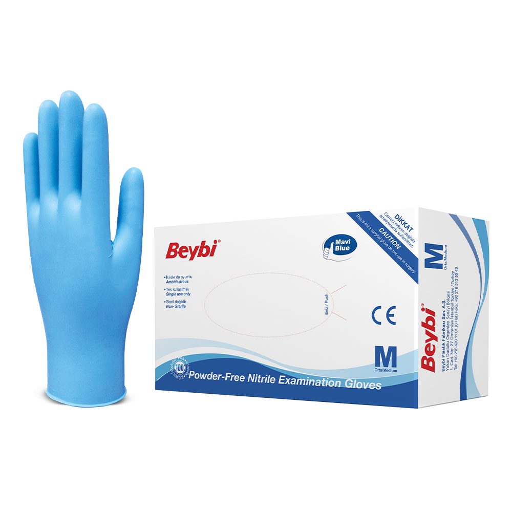 Beybi Pudrasız Mavi Nitril Muayene Eldiveni - 100'lük Kutu