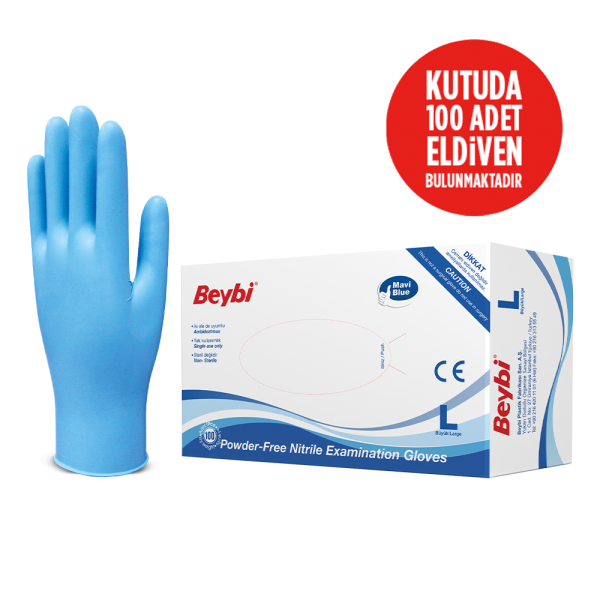 Beybi Pudrasız Mavi Nitril Muayene Eldiveni - 100'lük Kutu Kutu - M