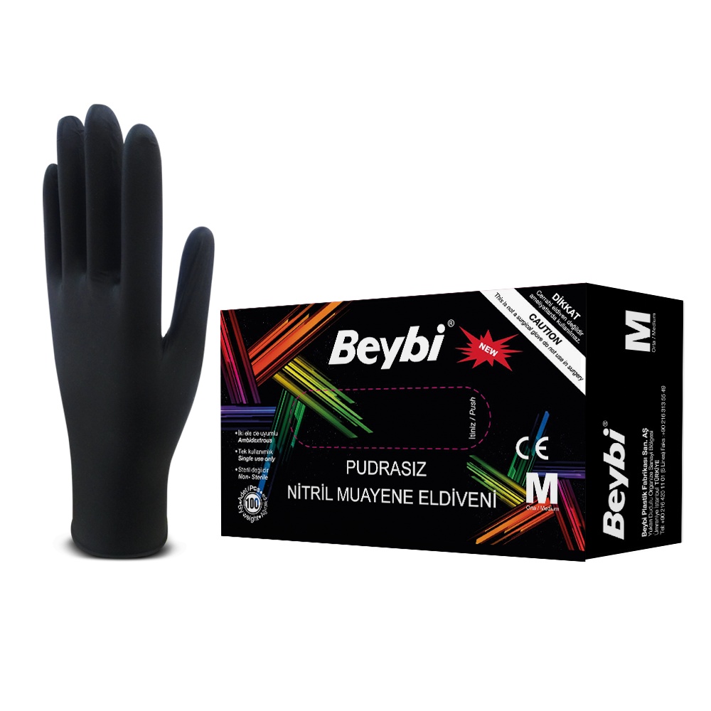 Beybi Pudrasız Siyah Nitril Muayene Eldiveni - 100'lük Kutu