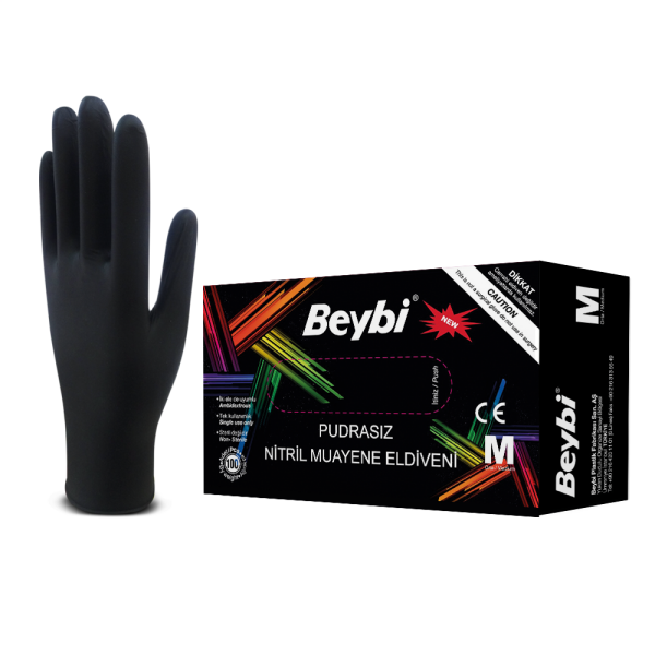 Beybi Pudrasız Siyah Nitril Muayene Eldiveni - 100'lük Kutu
