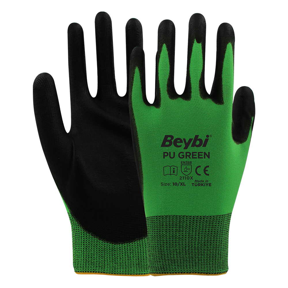 Beybi Pu Green Poliüretan Kaplı Polyester Örme Eldiven Yeşil/Siyah - NO: 7 - Koli