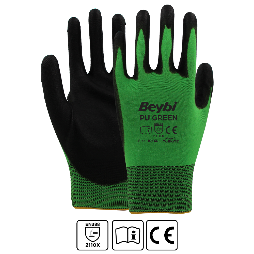 Beybi Pu Green Poliüretan Kaplı Polyester Örme Eldiven Yeşil/Siyah - NO: 8 - Çift