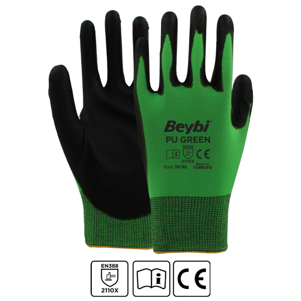 Pu Green Poliüretan Kaplı Polyester Örme Eldiven Yeşil/Siyah - NO: 7 - Koli