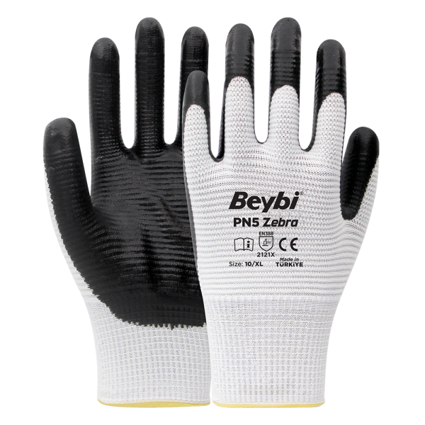 Beybi PN5 Zebra Polyester Örme Nitril Eldiven Çift - NO: 10 - Beyaz\Siyah