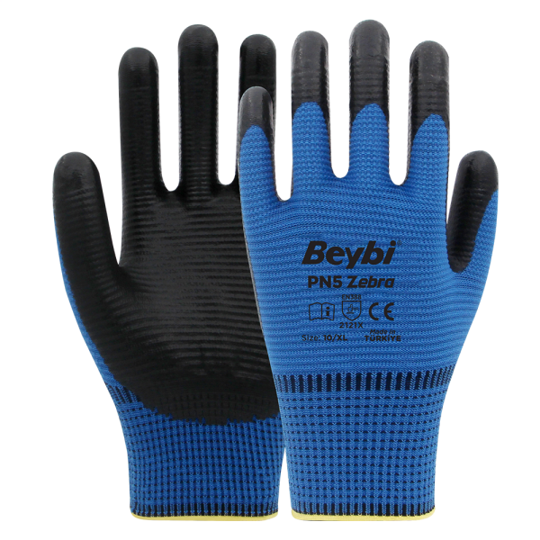 Beybi PN5 Zebra Polyester Örme Nitril Eldiven Çift - NO: 10 - Beyaz\Siyah