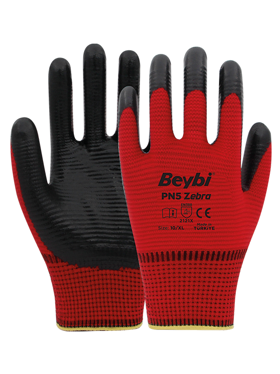 Beybi PN5 Zebra Polyester Örme Nitril Eldiven Koli - NO: 9 - Mavi\Siyah
