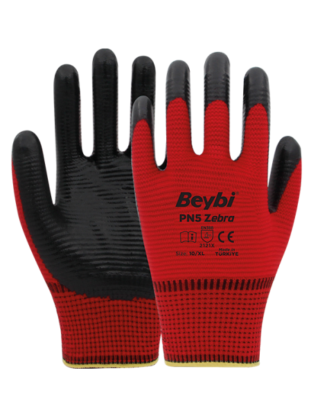 Beybi PN5 Zebra 1/2 Nitril Kaplı Polyester Eldiven 