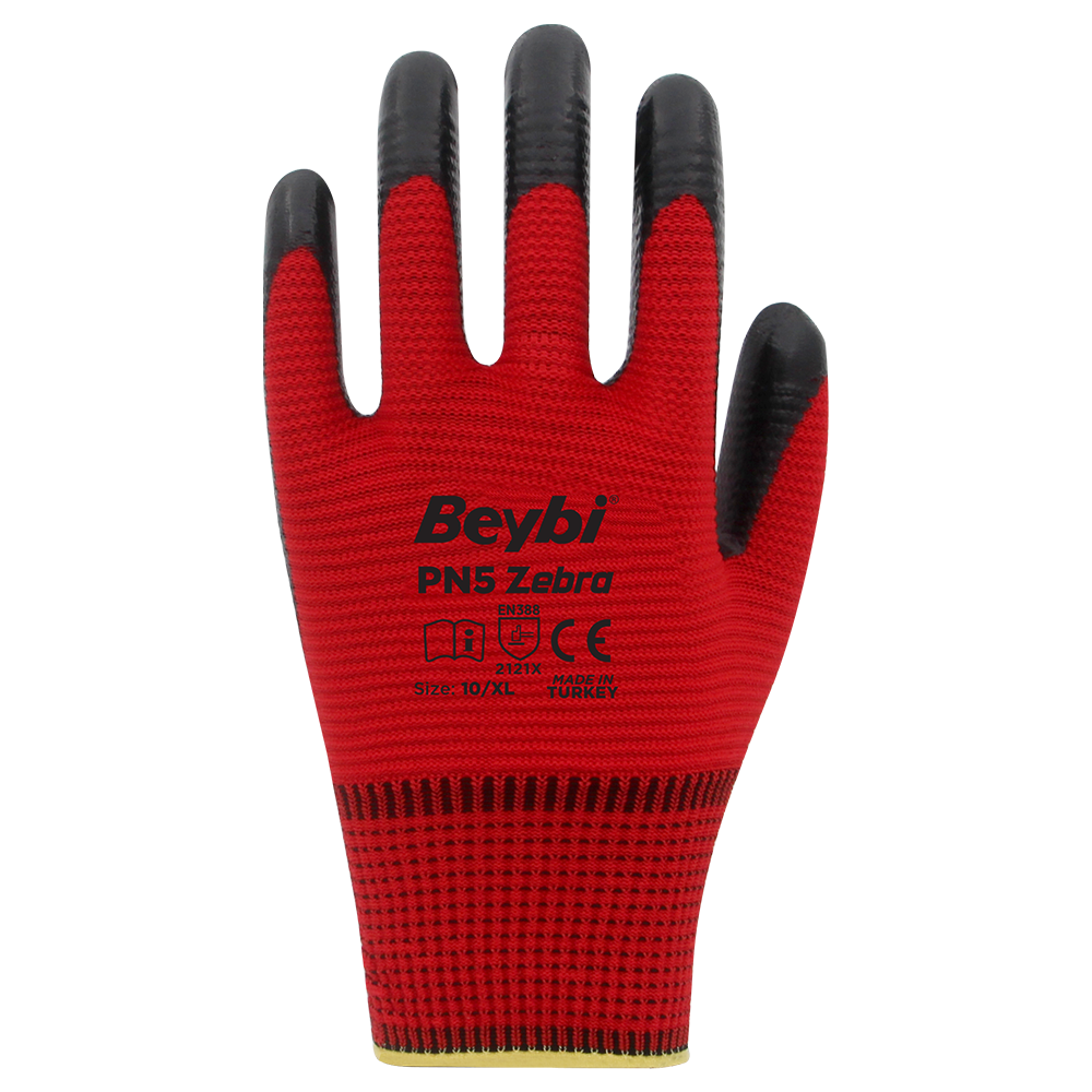 PN5 Zebra Polyester Örme Nitril Eldiven Koli - NO: 10 - Kırmızı\Siyah