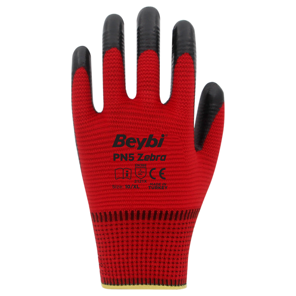 PN5 Zebra Polyester Örme Nitril Eldiven Koli - NO: 10 - Kırmızı\Siyah