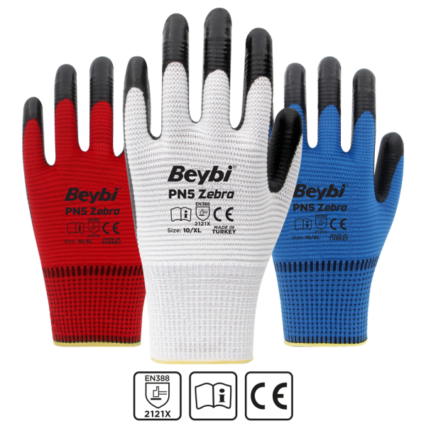 PN5 Zebra Polyester Örme Nitril Eldiven Koli - NO: 10 - Kırmızı\Siyah