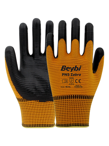Beybi PN5 Zebra Polyester Örme Nitril Eldiven Çift - NO: 10 - Beyaz\Siyah