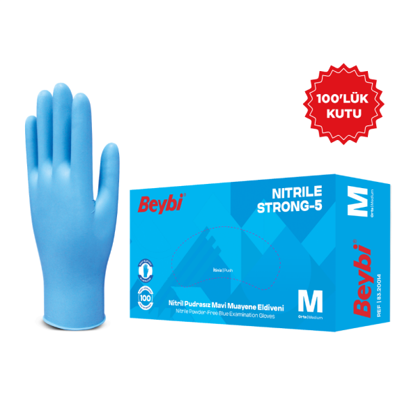 Beybi Strong-5 Pudrasız Mavi Nitril Muayene Eldiveni - 100'lük Kutu