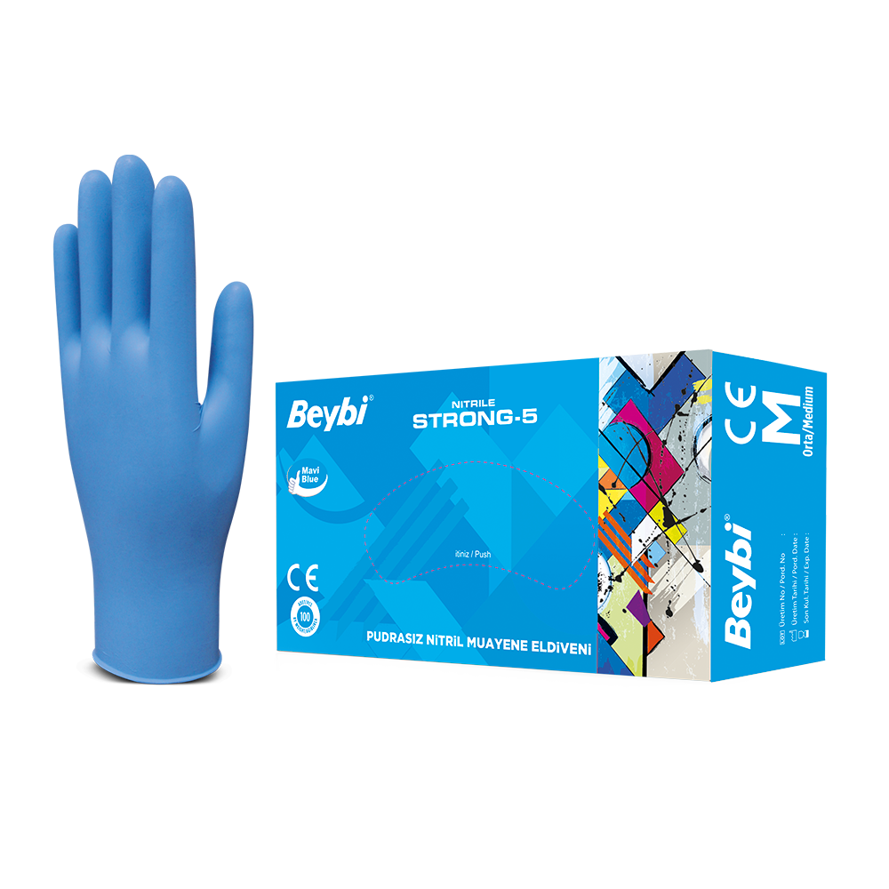 Strong-5 Pudrasız Mavi Nitril Muayene Eldiveni - 100'lük Kutu