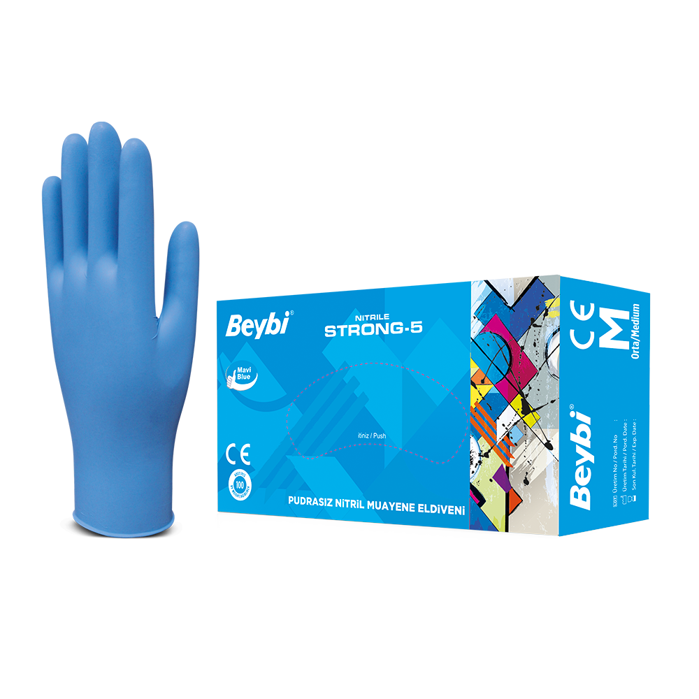 Strong-5 Pudrasız Mavi Nitril Muayene Eldiveni - 100'lük Kutu