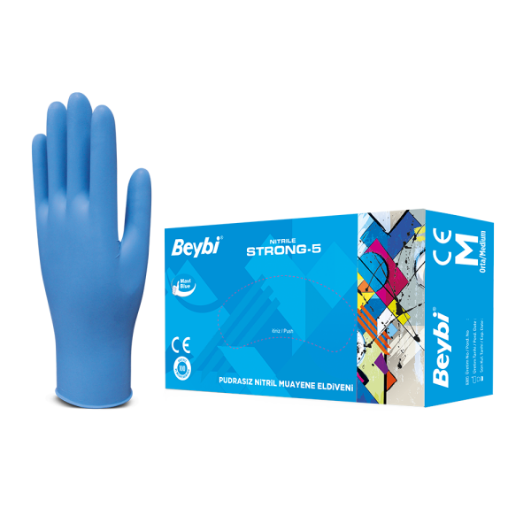 Beybi Strong-5 Pudrasız Mavi Nitril Muayene Eldiveni - 100'lük Kutu