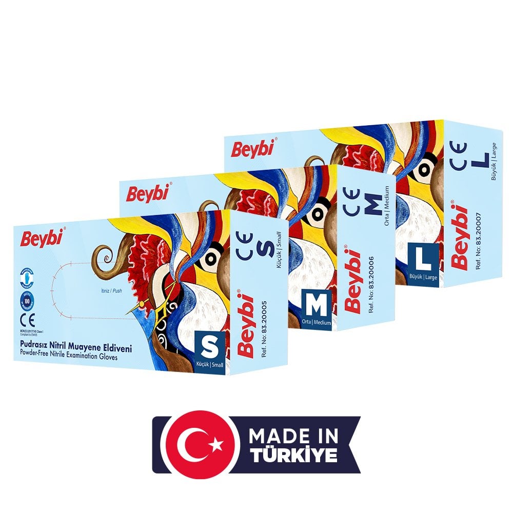 Beybi Pudrasız Mavi Nitril Muayene Eldiveni - 100'lük Kutu L - Kutu