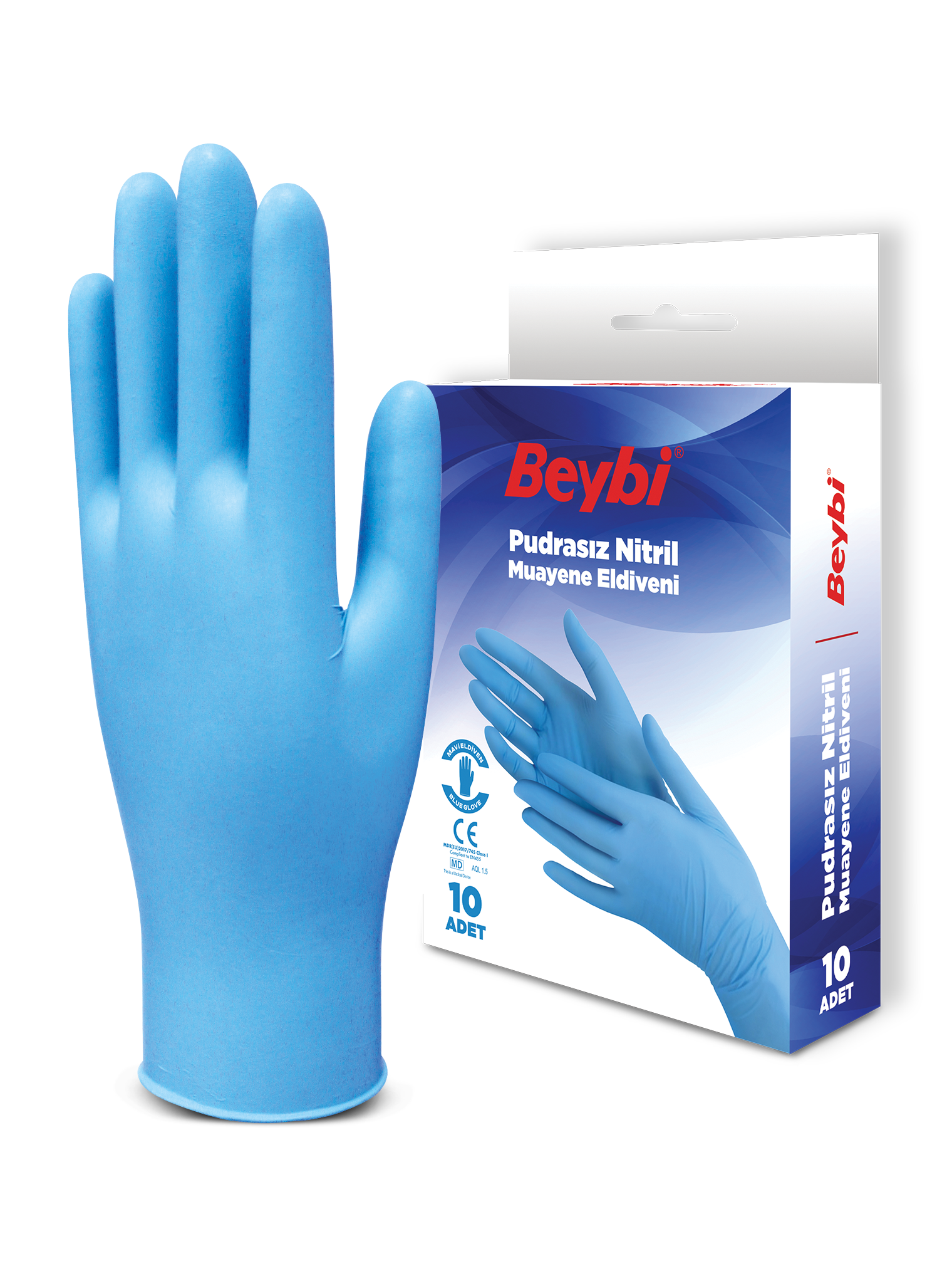 Beybi Pudrasız Mavi Nitril Muayene Eldiveni 10'luk Kutu