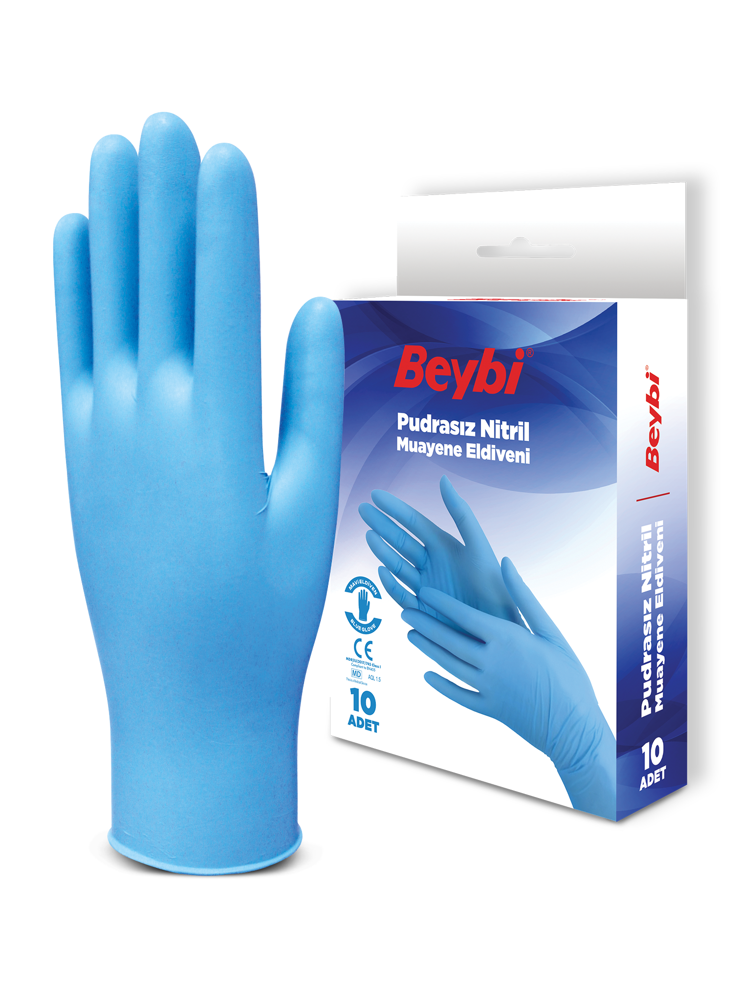Beybi Pudrasız Mavi Nitril Muayene Eldiveni 10'luk Kutu