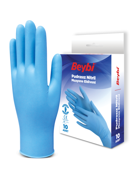 Beybi Pudrasız Mavi Nitril Muayene Eldiveni 10'luk Kutu