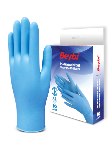 Beybi Pudrasız Mavi Nitril Muayene Eldiveni 10'luk Kutu
