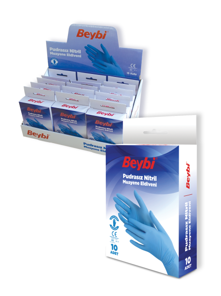 Beybi Pudrasız Mavi Nitril Muayene Eldiveni 10'luk Kutu