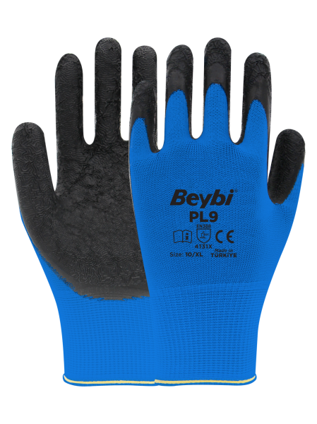 Beybi PL9 Polyester Örme Lateks Eldiven NO: 9 - Çift - Mavi\Siyah