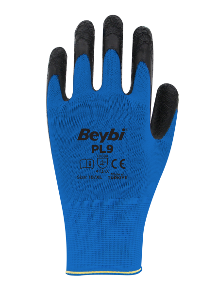 Beybi PL9 Polyester Örme Lateks Eldiven NO: 9 - Koli - Mavi\Siyah