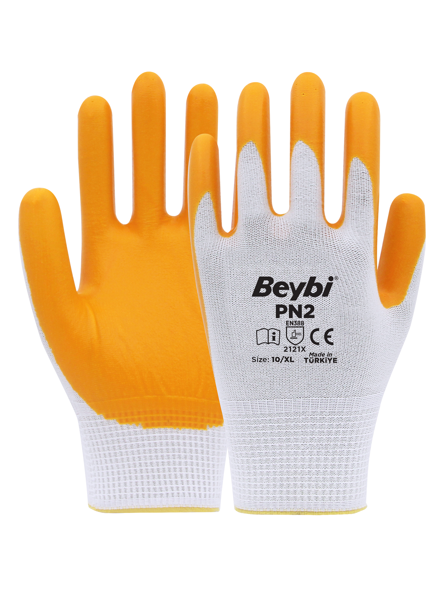Beybi PN2 Polyester Örme Nitril Eldiven NO: 10 - Koli - Beyaz\Sarı
