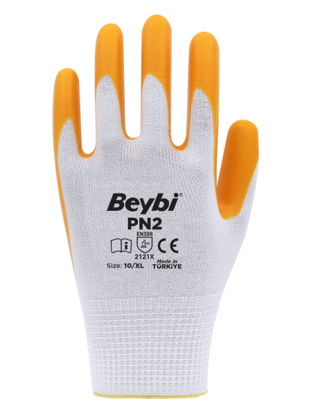 Beybi PN2 Polyester Örme Nitril Eldiven NO: 10 - Koli - Beyaz\Sarı