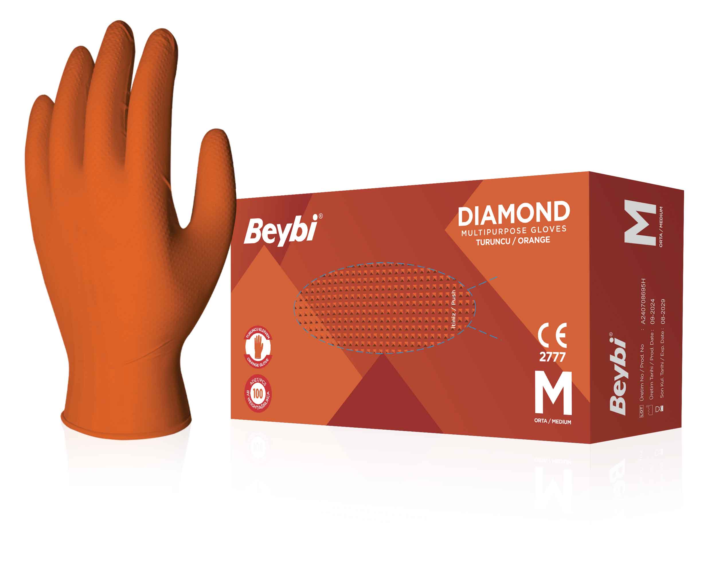 Beybi Diamond Turuncu Nitril Eldiven - 100'lük Kutu