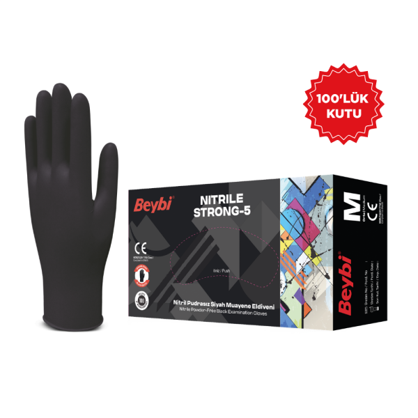 Beybi Strong-5 Pudrasız Siyah Nitril Muayene Eldiveni - 100'lük Kutu