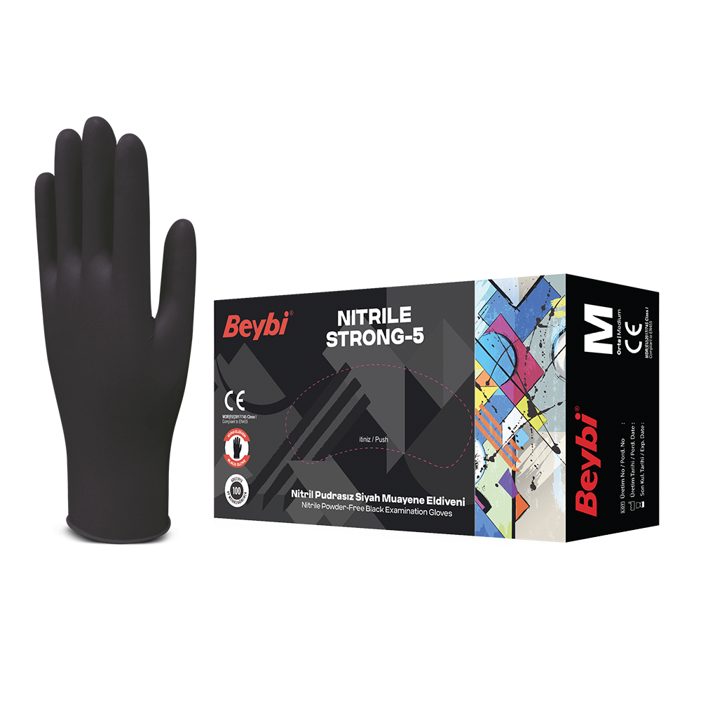 Beybi Strong-5 Pudrasız Siyah Nitril Muayene Eldiveni - 100'lük Kutu