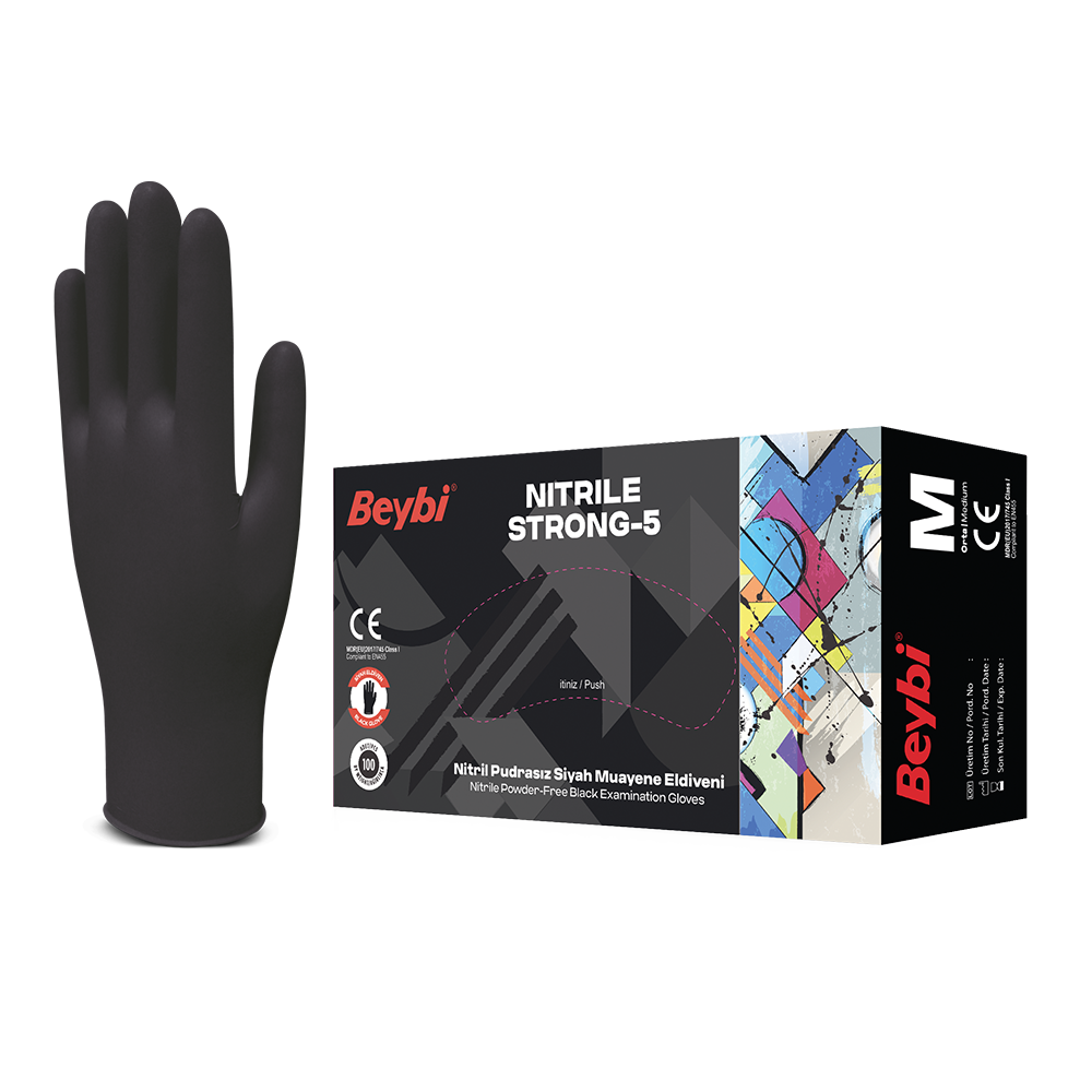 Beybi Strong-5 Pudrasız Siyah Nitril Muayene Eldiveni - 100'lük Kutu