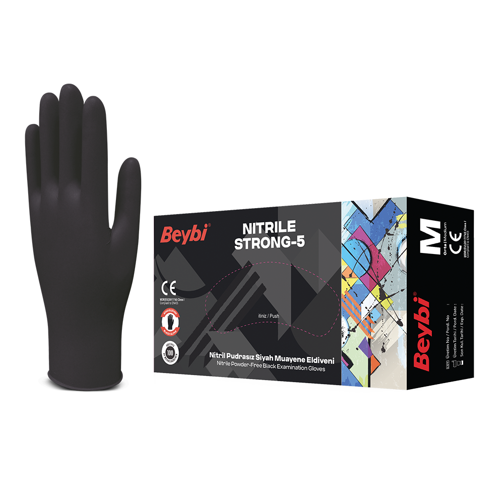 Beybi Strong-5 Pudrasız Siyah Nitril Muayene Eldiveni - 100'lük Kutu