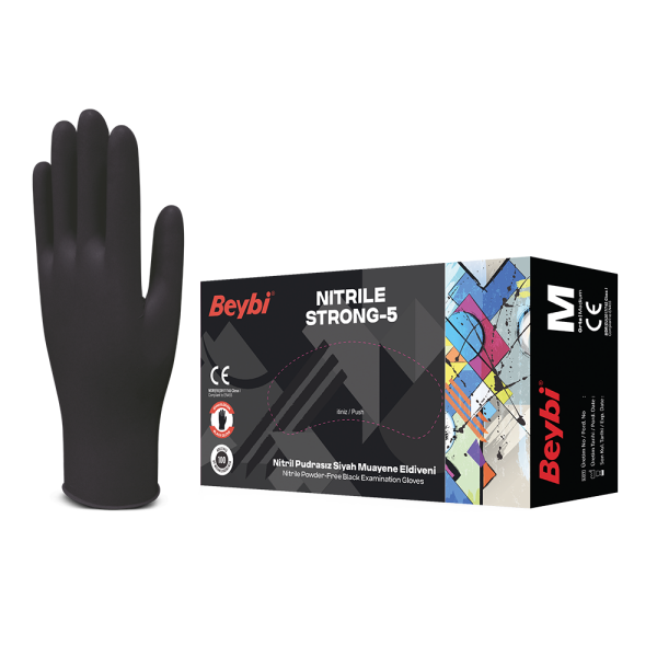 Beybi Strong-5 Pudrasız Siyah Nitril Muayene Eldiveni - 100'lük Kutu
