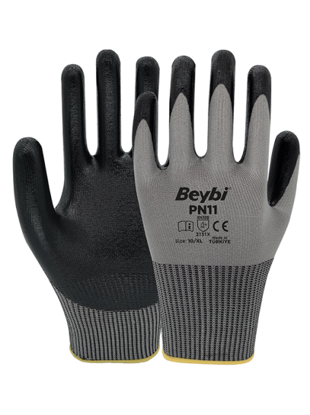 Beybi PN11 Polyester Örme Nitril Eldiven NO: 10 - Koli - Gri\Siyah