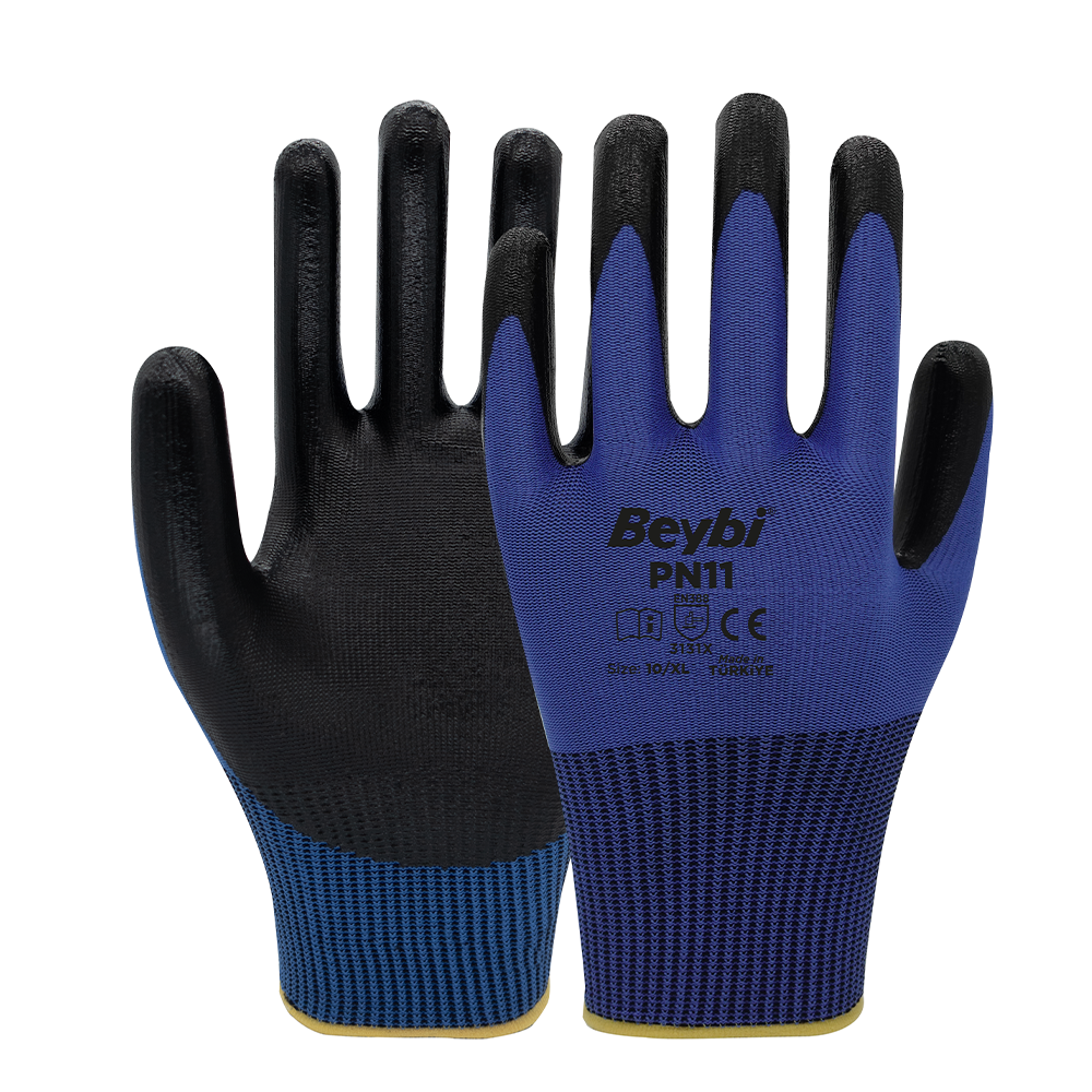 Beybi PN11 Polyester Örme Nitril Eldiven NO: 10 - Koli - Gri\Siyah